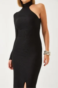 Bianco Lucci Women's Turtleneck One Sleeve Ottoman Fabric Slit Dress 371 - Image 7