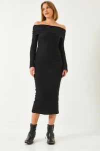 Bianco Lucci Women's Madonna Collar Spanish Sleeve Ribbed Dress 0201