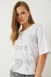 Bianco Lucci Women's Crew Neck Bead and Stone Heart Printed T-Shirt - Image 2