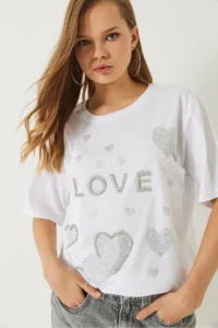 Bianco Lucci Women's Crew Neck Bead and Stone Heart Printed T-Shirt - Image 5