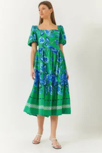 Bianco Lucci Women's Watermelon Sleeve Square Collar Patterned Terikoton Dress