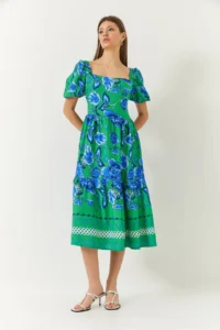 Bianco Lucci Women's Watermelon Sleeve Square Collar Patterned Terikoton Dress - Image 3