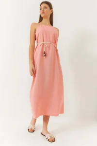 Bianco Lucci Women's Halter Neck Sash Detailed Linen Dress