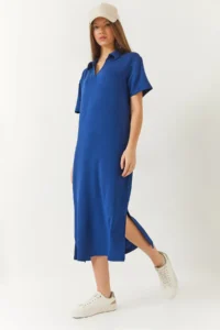 Bianco Lucci Women's V-Neck Short Sleeve Slit Basic Dress 5621