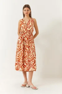 Bianco Lucci Women's Double Breasted Collar Waist Elastic Back Rope Tie Patterned Dress - Image 2