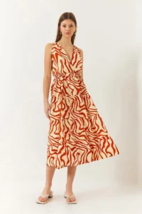 Bianco Lucci Women's Double Breasted Collar Waist Elastic Back Rope Tie Patterned Dress - Image 3