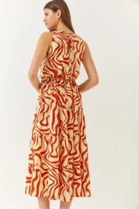 Bianco Lucci Women's Double Breasted Collar Waist Elastic Back Rope Tie Patterned Dress - Image 6