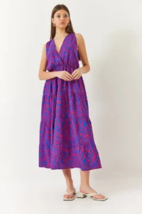 Bianco Lucci Women's Double Breasted Collar Waist Elastic Back Rope Tie Patterned Dress - Image 3