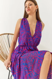 Bianco Lucci Women's Double Breasted Collar Waist Elastic Back Rope Tie Patterned Dress - Image 7