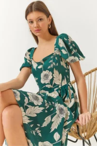 Bianco Lucci Women's Square Collar Watermelon Sleeve Floral Patterned Viscose Dress