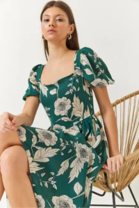 Bianco Lucci Women's Square Collar Watermelon Sleeve Floral Patterned Viscose Dress - Image 2