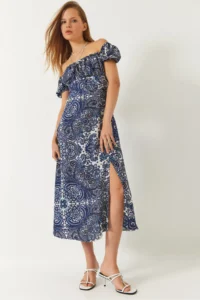 Bianco Lucci Women's Tie Collar Slit Detailed Patterned Midi Dress