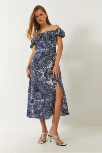 Bianco Lucci Women's Tie Collar Slit Detailed Patterned Midi Dress - Image 3
