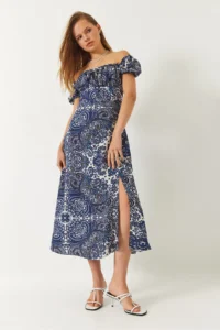 Bianco Lucci Women's Tie Collar Slit Detailed Patterned Midi Dress - Image 4