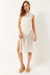 Bianco Lucci Women's Crew Neck Slit Detailed Openwork Beach Dress