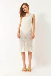 Bianco Lucci Women's Crew Neck Slit Detailed Openwork Beach Dress - Image 2