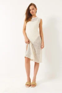 Bianco Lucci Women's Crew Neck Slit Detailed Openwork Beach Dress - Image 3