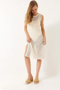 Bianco Lucci Women's Crew Neck Slit Detailed Openwork Beach Dress - Image 5