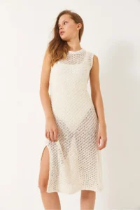 Bianco Lucci Women's Crew Neck Slit Detailed Openwork Beach Dress - Image 6