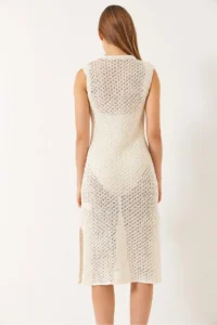 Bianco Lucci Women's Crew Neck Slit Detailed Openwork Beach Dress - Image 8