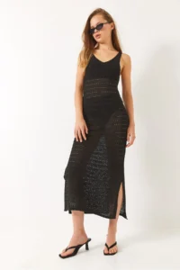 Bianco Lucci Women's V-Neck Slit Detailed Openwork Dress - Image 3