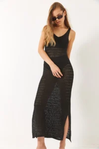 Bianco Lucci Women's V-Neck Slit Detailed Openwork Dress - Image 5
