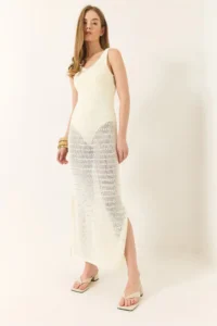 Bianco Lucci Women's V-Neck Slit Detailed Openwork Dress - Image 4
