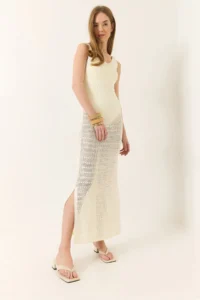 Bianco Lucci Women's V-Neck Slit Detailed Openwork Dress - Image 5