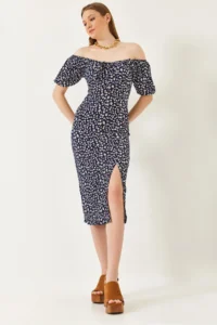 Bianco Lucci Women's Carmen Collar Slit Summer Knitted Dress 70292