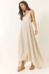Bianco Lucci Women's Knitted Strap Asymmetrical Skirt Casual Linen Dress 5937