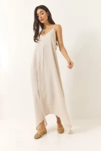 Bianco Lucci Women's Knitted Strap Asymmetrical Skirt Casual Linen Dress 5937 - Image 2