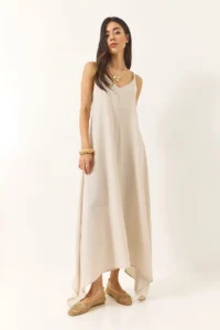 Bianco Lucci Women's Knitted Strap Asymmetrical Skirt Casual Linen Dress 5937 - Image 3