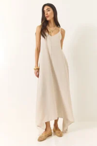 Bianco Lucci Women's Knitted Strap Asymmetrical Skirt Casual Linen Dress 5937 - Image 5