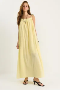 Bianco Lucci Women's Tie Strap Pocket Detailed Lined Long Crinkle Oversize Dress 5249