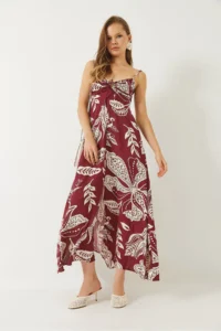Bianco Lucci Women's Thin Strap Slit Detailed Patterned Viscose Dress 3010 - Image 3