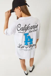 Bianco Lucci Women's Los Angeles Printed Oversize Short Sleeve Combed Cotton T-Shirt 5197