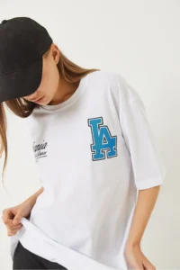 Bianco Lucci Women's Los Angeles Printed Oversize Short Sleeve Combed Cotton T-Shirt 5197 - Image 3