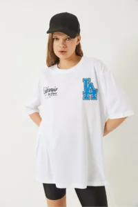 Bianco Lucci Women's Los Angeles Printed Oversize Short Sleeve Combed Cotton T-Shirt 5197 - Image 5
