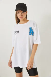 Bianco Lucci Women's Los Angeles Printed Oversize Short Sleeve Combed Cotton T-Shirt 5197 - Image 7