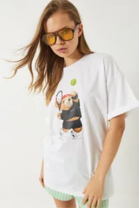 Bianco Lucci Women's Tennis Player Teddy Printed Oversize T-shirt 6005 - Image 2