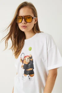 Bianco Lucci Women's Tennis Player Teddy Printed Oversize T-shirt 6005 - Image 3