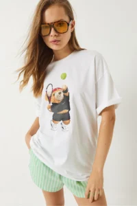 Bianco Lucci Women's Tennis Player Teddy Printed Oversize T-shirt 6005 - Image 5