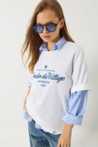 Bianco Lucci Women's Embroidery Detailed Oversize Basic T-shirt 6008