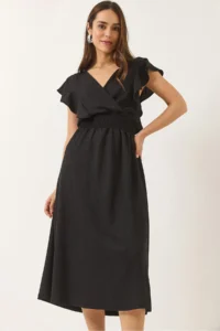 Bianco Lucci Women's V-neck Wrapped Long Dress with Elastic Drawstring Detail