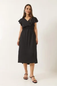 Bianco Lucci Women's V-neck Wrapped Long Dress with Elastic Drawstring Detail - Image 3