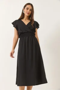 Bianco Lucci Women's V-neck Wrapped Long Dress with Elastic Drawstring Detail - Image 5