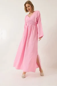 Bianco Lucci Women's V-neck Waist Gimped Wide Sleeve Slit Detailed Long Cotton Muslin Dress 3016 - Image 3