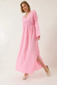 Bianco Lucci Women's V-neck Waist Gimped Wide Sleeve Slit Detailed Long Cotton Muslin Dress 3016 - Image 4