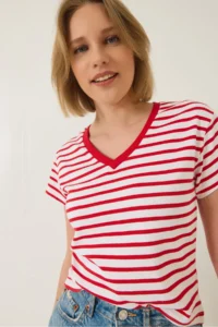 Bianco Lucci Women's V-Neck Striped Comfortable Fit Basic T-Shirt
