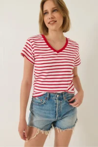 Bianco Lucci Women's V-Neck Striped Comfortable Fit Basic T-Shirt - Image 2
